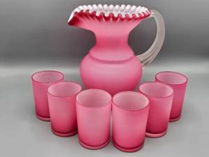 lot 2 image: Antique Victorian Pink Cased Blown Glass Pitcher with 6 Tumblers