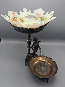 lot 4 image: Victorian Silver Plate Stand With Hand Painted Brides Bowl