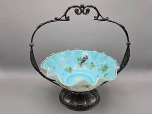 lot 7 image: Sliver Plate Bridal Basket With Glass Bowl.