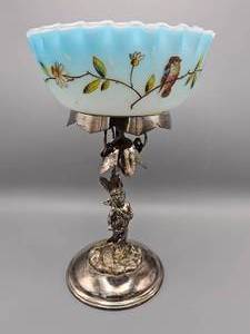 lot 8A image: Victorian Cherub English Silverplate and Satin Hand Painted Ruffled Centerpiece