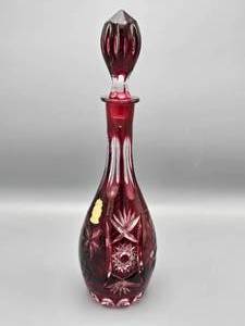 lot 10 image: Imperlux German Cranberry Cut-to-Clear Crystal Decanter with Stopper