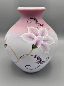 lot 12 image: Fenton Satin Lily Garden Blue Burmese Hand Painted Vase - Limited to 750 Pieces