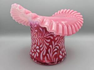 lot 14 image: Fenton Cranberry Daisy And Fern Opalescent Ruffled Top Hat