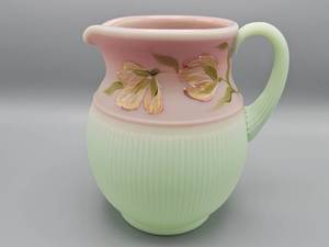 lot 21 image: Fenton Limited Edition Lotus Mist Burmese Blushing Tulip Pitcher #20950 Handpainted by Cutshaw