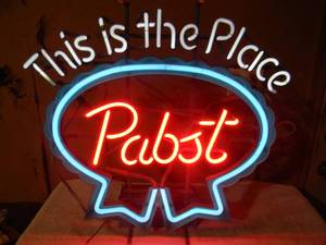 lot 1 image: VINTAGE PABST BLUE RIBBON THIS IS THE PLACE NEON LIGHT - WORKS - FANTASTIC PIECE - APPROX 23 By 23 - SEE PICTURES