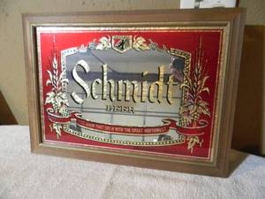 lot 4 image: VINTAGE SCHMIDT BEER SIGN  MIRROR The Brew That Grew With The Great Northwest - ORIGINAL PIECE FROM A BAR IN NORTHERN MN. - FANTASTIC PIECE - APPROX 20 By 15 - SEE PICTURES