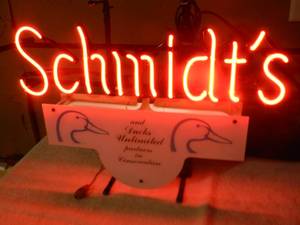 lot 13 image: VINTAGE SCHMIDTS BEER  Ducks Unlimited NEON LIGHT - WORKS - FANTASTIC PIECE - APPROX 15 By 22 - SEE PICTURES