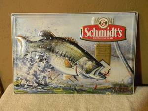 lot 14 image: VINTAGE Schmidts Premium Beer Metal Bar Sign 3D Bass Fishing - FANTASTIC PIECE - APPROX 18 By 12 - SEE PICTURES