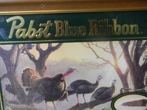 lot 16 image: VINTAGE Pabst Blue Ribbon Beer Upland Game Birds Turkey 1997 Terry Dougthy Bar Mirror  Sign - FANTASTIC PIECE - APPROX 20 By 15 - SEE PICTURES