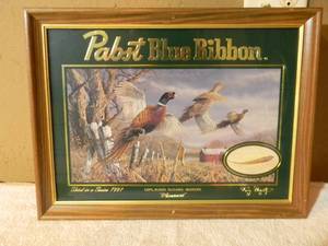 lot 17 image: VINTAGE Pabst Blue Ribbon Beer Upland Game Birds Pheasant 1997 Terry Dougthy Bar Mirror  Sign - FANTASTIC PIECE - APPROX 20 By 15 - SEE PICTURES