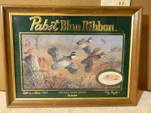 lot 18 image: VINTAGE Pabst Blue Ribbon Beer Upland Game Birds Bobwhite 1997 Terry Dougthy Bar Mirror  Sign - FANTASTIC PIECE - APPROX 20 By 15 - SEE PICTURES
