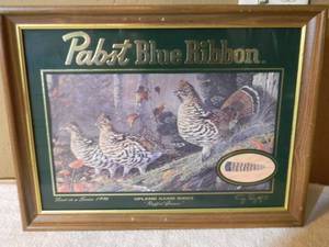 lot 19 image: VINTAGE Pabst Blue Ribbon Beer Upland Game Birds Ruffed Grouse 1996 Terry Dougthy Bar Mirror  Sign - FANTASTIC PIECE - APPROX 20 By 15 - SEE PICTURES