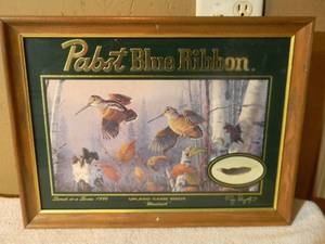 lot 20 image: VINTAGE Pabst Blue Ribbon Beer Upland Game Birds Woodcock 1996 Terry Dougthy Bar Mirror  Sign - FANTASTIC PIECE - APPROX 20 By 15 - SEE PICTURES