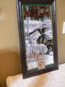 lot 23 image: VINTAGE MILLER HIGH LIFE BEER WILDLIFE SERIES WOLVES Bar Mirror  Sign - FANTASTIC PIECE - APPROX 15 By 26 - SEE PICTURES
