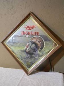 lot 24 image: VINTAGE MILLER HIGH LIFE BEER WILDLIFE SERIES Showtime Turkey Bar Mirror  Sign - FANTASTIC PIECE - APPROX 26 By 26 - SEE PICTURES