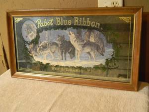 lot 30 image: VINTAGE PABST BLUE RIBBON BEER WILDLIFE COLLECTION BAR SIGN  MIRROR TIMBER WOLVES - FANTASTIC PIECE - APPROX 29 By 16 - SEE PICTURES