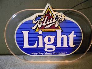 lot 47 image: NEW OLD STOCK Vintage BLATZ LIGHT WHY PAY MORE FOR LESS LIGHTED BAR SIGN - WORKS - NICE - GREAT OLD SCHOOL PIECE - APPROX 17 By 12 - SEE PICTURES