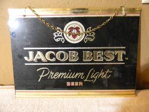 lot 50 image: Vintage JACOB BEST Premium Light BEER HANGING BAR SIGN - NICE - COOL SCHOOL PIECE - APPROX 17 By 12 - SEE PICTURES