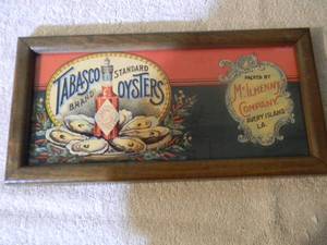 lot 72 image: VINTAGE TABASCO BRAND STANDARD OYSTERS ADVERTISING SIGN - COOL OLD SCHOOL PIECE - APPROX 12 By 5 - SEE PICTURES