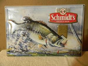 lot 79 image: VINTAGE Schmidts Premium Beer Metal Bar Sign 3D Bass Fishing - FANTASTIC PIECE - APPROX 18 By 12 - SEE PICTURES