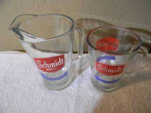 lot 80 image: Vintage SCHMIDT BEER Glass Beer Pitcher & Vintage SCHMIDT BEER HUGE Glass Beer Mug - NICE - GREAT OLD SCHOOL PIECE - SEE PICTURES - NICE - GREAT OLD SCHOOL PIECES - SEE PICTURES