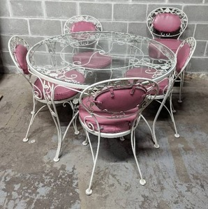 lot 15 image: Glass Patio Table With Four Chairs And A High-Chair