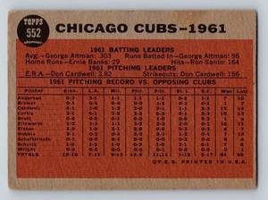 lot 45 image: 1962 Topps #552 Chicago Cubs, High Numbered Vintage Baseball Card