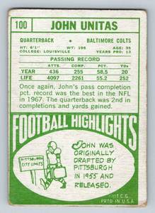lot 52A image: John Unitas 1968 Topps #100 Vintage Football Card