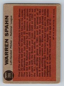 lot 59 image: Warren Spahn 1962 Topps #399 Vintage Baseball Card