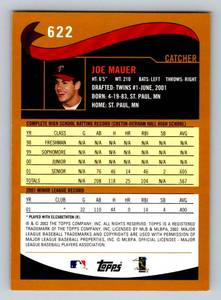 lot 60A image: Joe Mauer RC 2002 Topps #622 Rookie Minnesota Twins Baseball Card