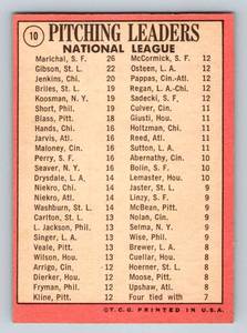 lot 95 image: 1969 Topps NL Pitching Leaders #10 - 3 HOFs - Juan Marichal, Bob Gibson, and Fergie Jenkins Vintage Baseball Card