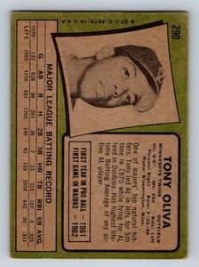 lot 118 image: Tony Oliva 1970 Topps #290 Vintage Minnesota Twins Baseball Card