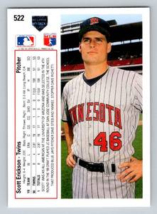 lot 137 image: Scott Erickson Autographed Card 1991 Upper Deck #522 Minnesota Twins Signed Baseball Card