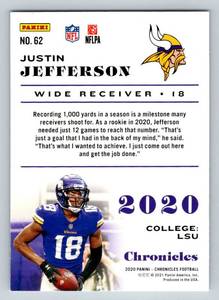 lot 224 image: Justin Jefferson RC 2020 Chronicles #62 Rookie Minnesota Vikings Football Card