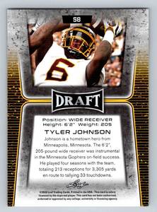lot 234 image: Tyler Johnson RC 2020 Leaf Draft #58 University of Minnesota Rookie Football Card