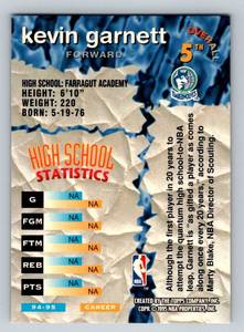 lot 249 image: Kevin Garnett RC 1995Topps Stadium Club NBA Draft Pick #5 Rookie Minnesota Timberwolves Basketball Card