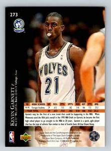 lot 254 image: Kevin Garnett RC 1995 Upper Deck #273 Rookie Minnesota Timberwolves Basketball Card