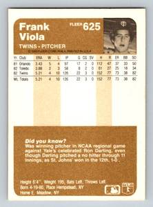 lot 326 image: Frank Viola RC 1993 Fleer #625 Rookie Vintage Minnesota Twins Baseball Card