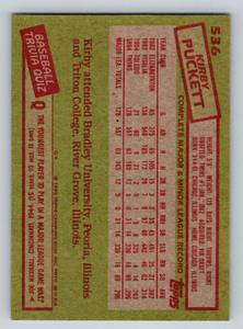 lot 330 image: Kirby Puckett RC 1985 Topps #536 Rookie Vintage Minnesota Twins Baseball Card