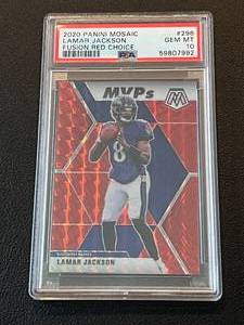 lot 6 image: Lamar Jackson 80 PSA 10 Gem Mint Fusion Red Choice 2020 Mosaic #296, numbered 7880 RARE Football Card