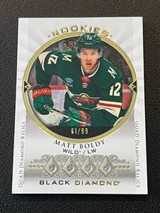 lot 8 image: Matt Boldy 4 Diamonds RC 99 - 2022-23 Black Diamond Hockey #BDRR-MB, numbered 6199, QUAD DIAMOND RELICS - Rookie Minnesota Wild Hockey Card