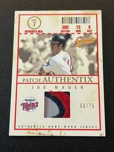 lot 10 image: Joe Mauer Tri-color Relic 75 2005 Fleer Patch Authentix, Game-Worn numbered 0675 #PA-JM, Rare Minnesota Twins Baseball Card