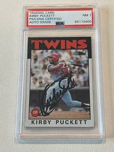 lot 12 image: Kirby Puckett Auto PSADNA Certified and Graded - 1986 Topps #329 Vintage Signed Minnesota Twins Baseball Card