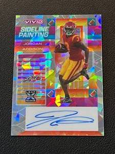 lot 18 image: Jordan Addison Auto 9 2023 Leaf Vivid Sideline Painting #SP-JA1, numbered 29, only 9 made Signed Rookie Minnesota Vikings Football Card
