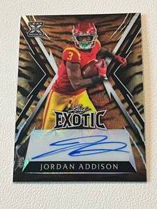 lot 27 image: Jordan Addison RC Auto 7 2023 Leaf Exotic #BS-JA1, numbered 77, very rare Rookie Signed Minnesota Vikings Football Card