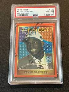 lot 28 image: Kevin Garnett RC PSA Graded 8 1995 Topps Finest #115 Rookie Minnesota Timberwolves Basketball Card