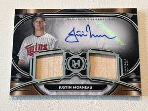 lot 29 image: Justin Morneau RPA Relic Auto 349 2021 Topps Signature Watched Dual Relic Autograph Museum Collection, numbered 007349, Rare Minnesota Twins Baseball Card