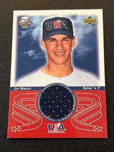lot 32 image: Joe Mauer RC Relic 2002 Upper Deck Sweet Spot Game-Used Jersey Team USA #USA-JM, Minnesota Twins Baseball Card