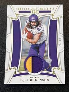 lot 35A image: T.J. Hockenson Relic 49 - 2022 National Treasures Century Materials #CEN-TJH numbered 2649, 2 color patch, Minnesota Vikings Football Card