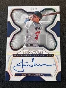 lot 48A image: Justin Morneau Auto 25 2023 National Treasures Signatures #S-JM, numbered 1325, rare Minnesota Twins Baseball Card